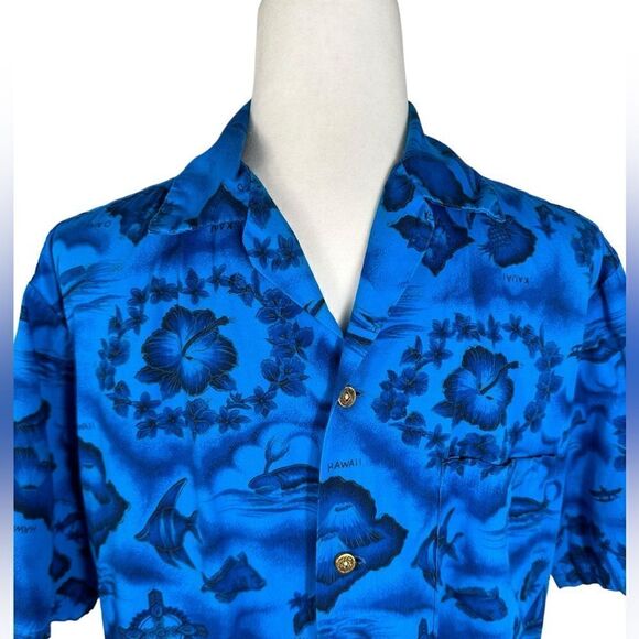 Ui-Maikai Blue Island Map Print Vintage 60s Hawaiian Button Front Camp Shirt - Picture 4 of 10